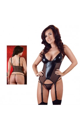 Black Wet Look And Mesh Basque With G String
