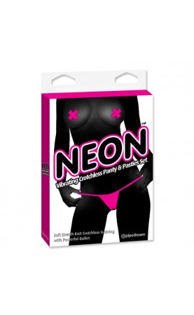 Neon Vibrating Crotchless Panty And Pasties Set One Size
