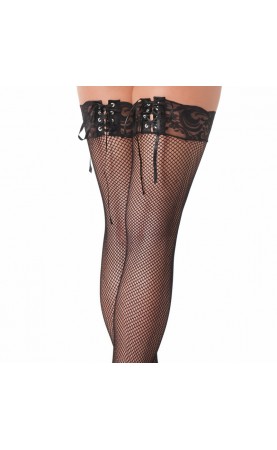 Black Fishnet Stockings With Lace Ribbon Tops