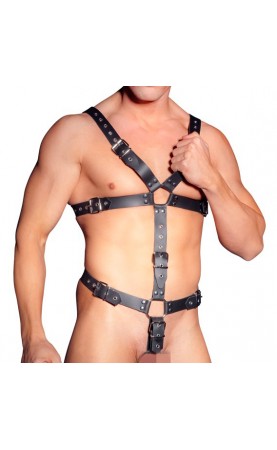 Mens Leather Adjustable Harness With Cock Ring