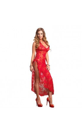 Leg Avenue 2 Piece Rose Lace Long Dress With Lace Side Red